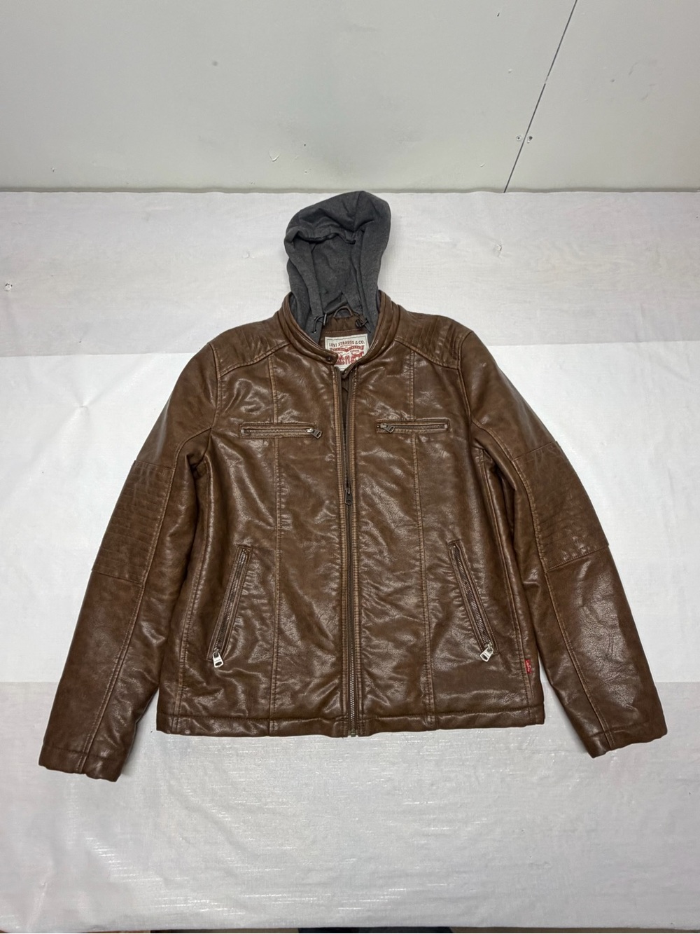 Signature by Levi Strauss Brown Faux Leather Bomber with Gray Attached Hood Sz:L